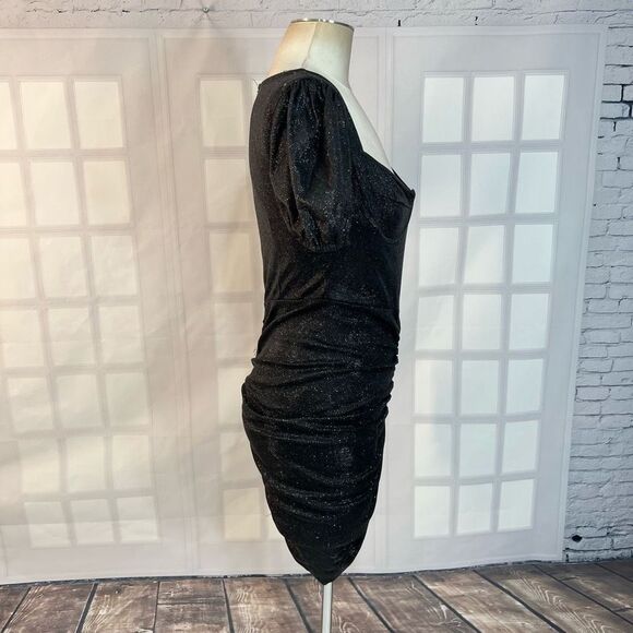 Prettylittlething Black NWT Glitter Ruched Puff Sleeve Cup Detail Bodycon Dress - Picture 7 of 13